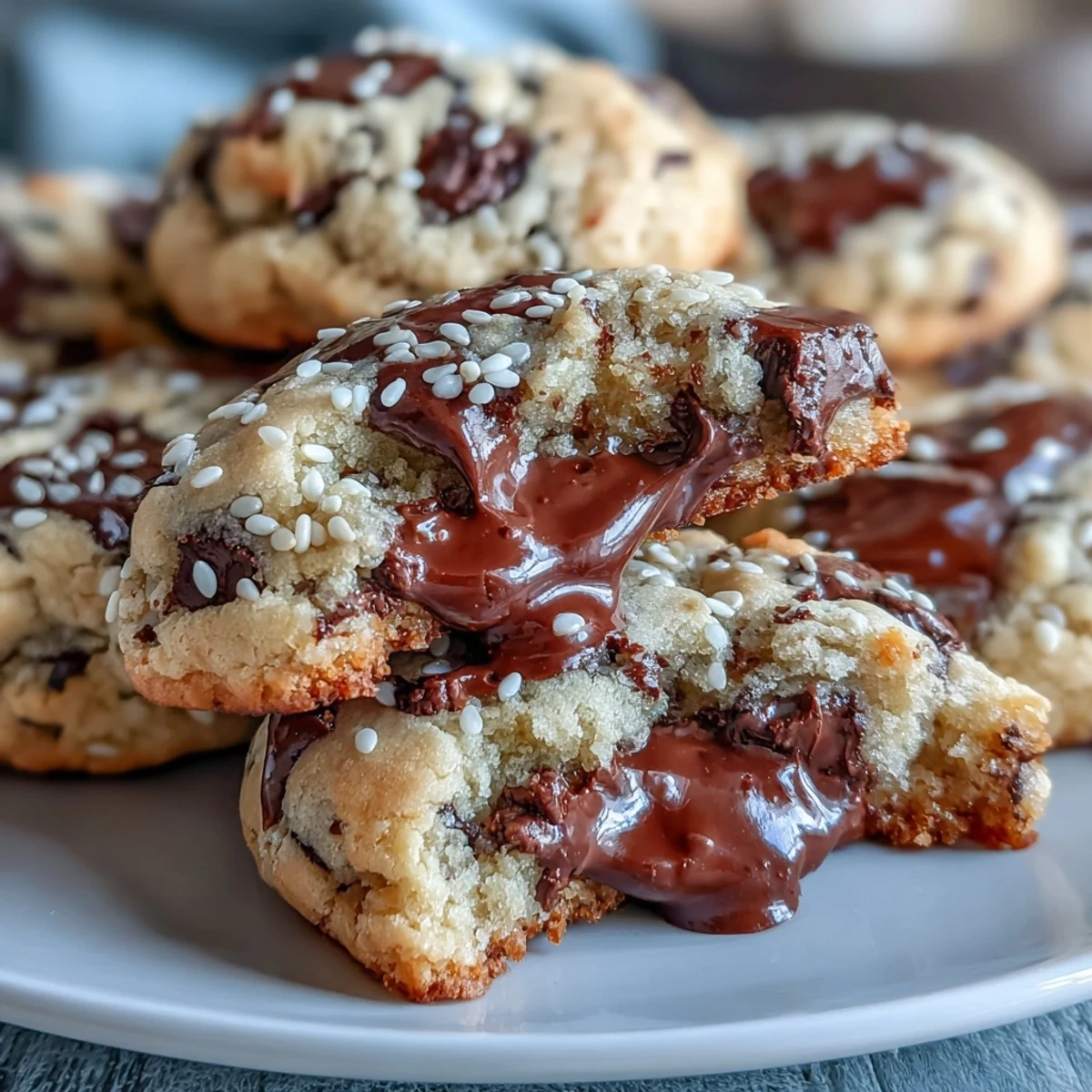 Golden tahini-chocolate chip cookies with chewy centers and crisp edges, sprinkled with sesame seeds.