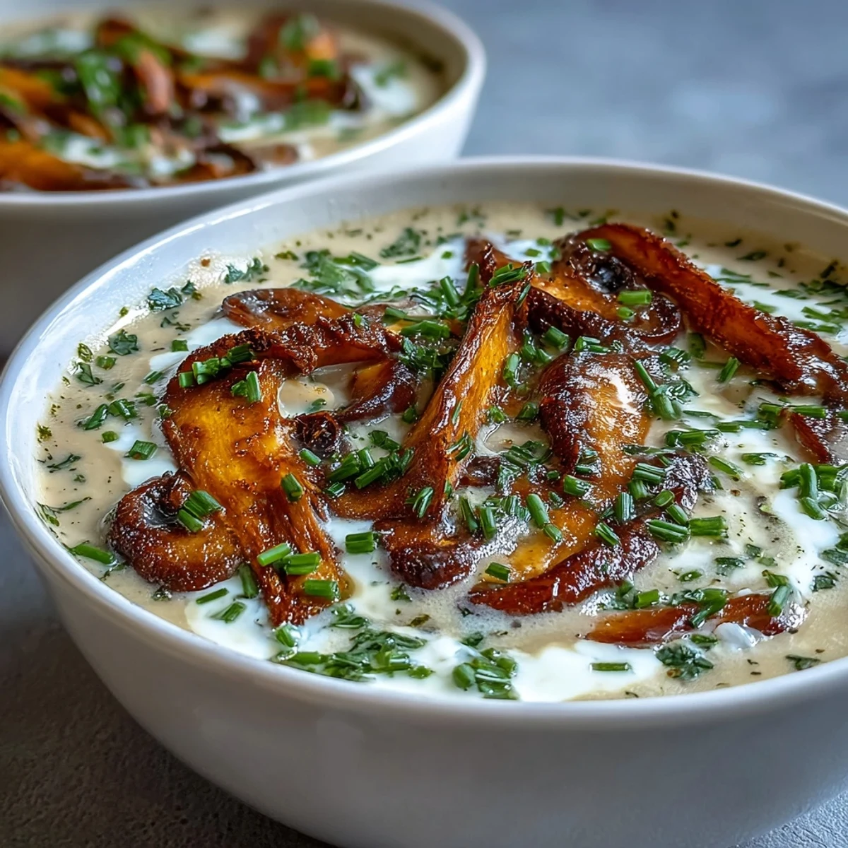 Velvety Creamy Mushroom & Cardamom Soup with golden sautéed mushrooms and a swirl of fresh cream, served in a rustic white bowl.