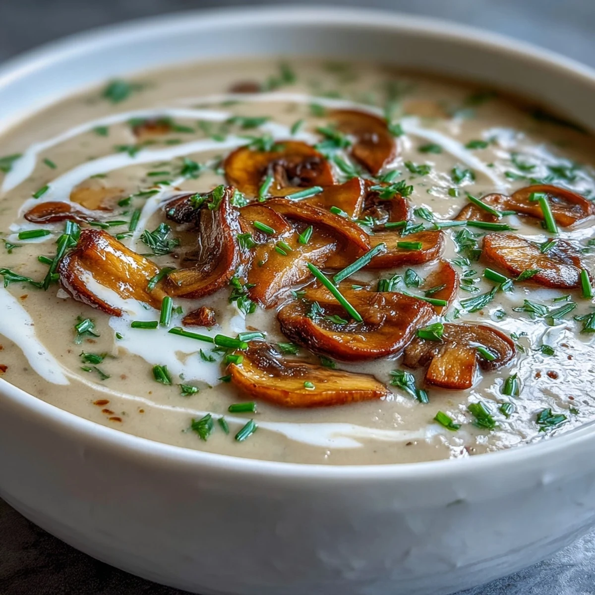 Aromatic bowl of Creamy Mushroom & Cardamom Soup, garnished with chopped chives and a drizzle of cream, perfect for a cozy dinner.