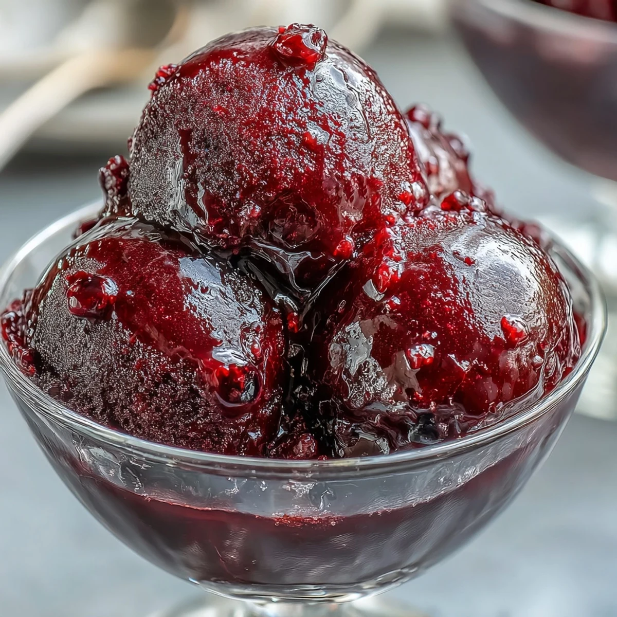 Deep purple black currant and gin sorbet scooped into a bowl, garnished with edible flowers and a sprig of fresh mint.