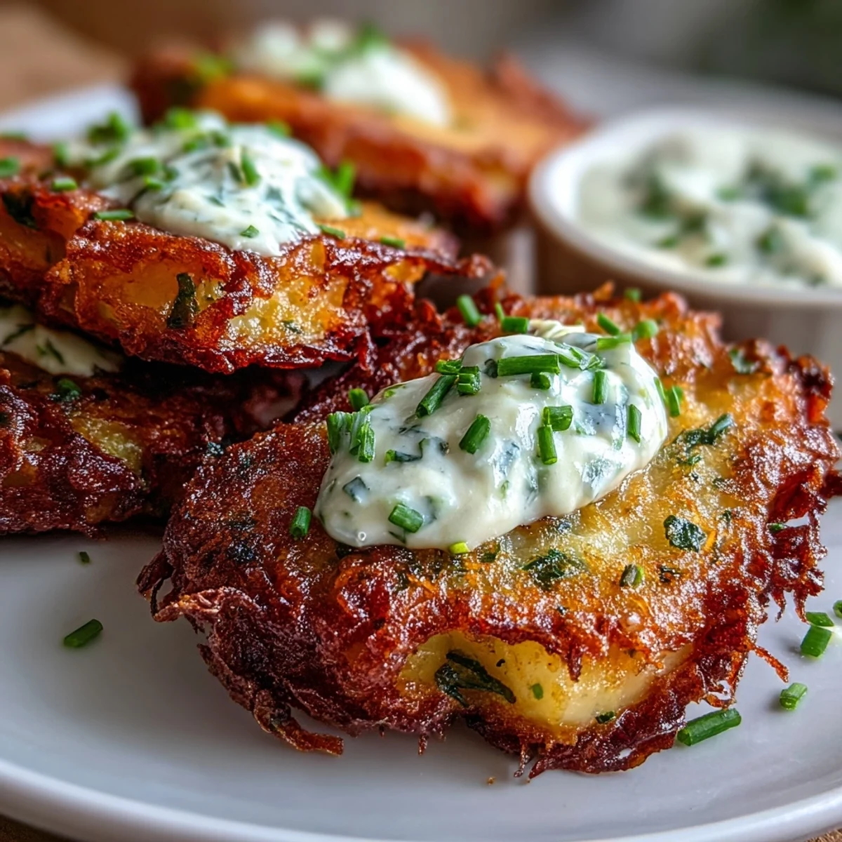 Golden, crispy potato fritters packed with fresh herbs, pan-fried to a golden crust and topped with cool sour cream and chives.  