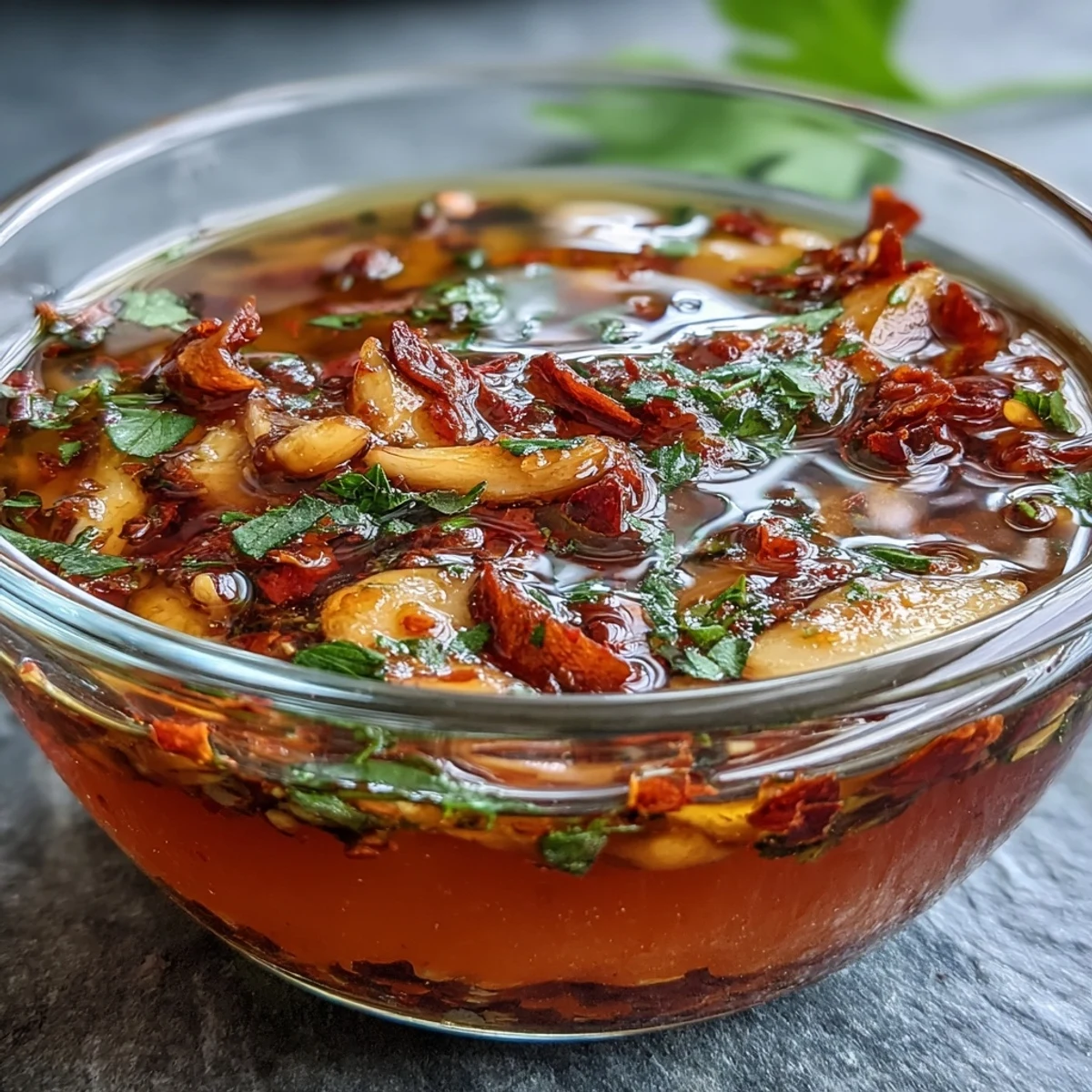 Golden garlic and chili-infused oil dipping sauce with fresh cilantro, perfect for dumplings and noodles.  