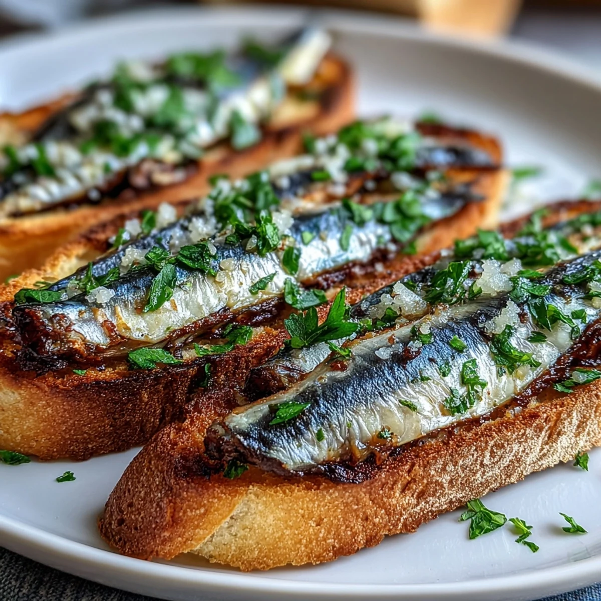 Elegant crostini with sardines, lemon, and parsley, perfect for a quick, flavorful starter.