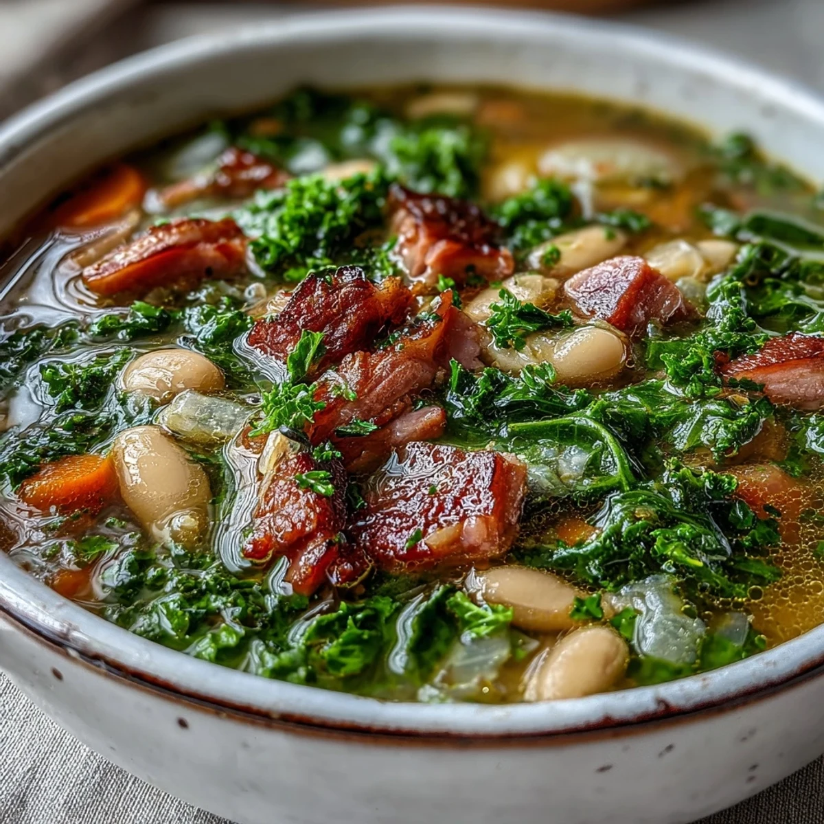 Hearty ham and kale white bean soup served with crusty bread, featuring smoky ham, nutritious kale, and velvety white beans in rich broth.