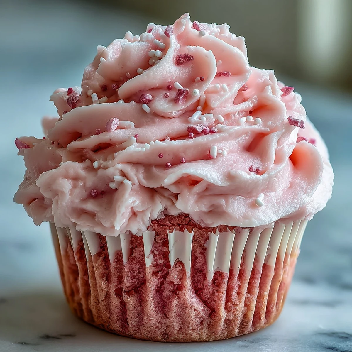 Delightful pink velvet cupcakes topped with swirls of rich cream cheese frosting, garnished with festive sprinkles for a fun and romantic dessert.