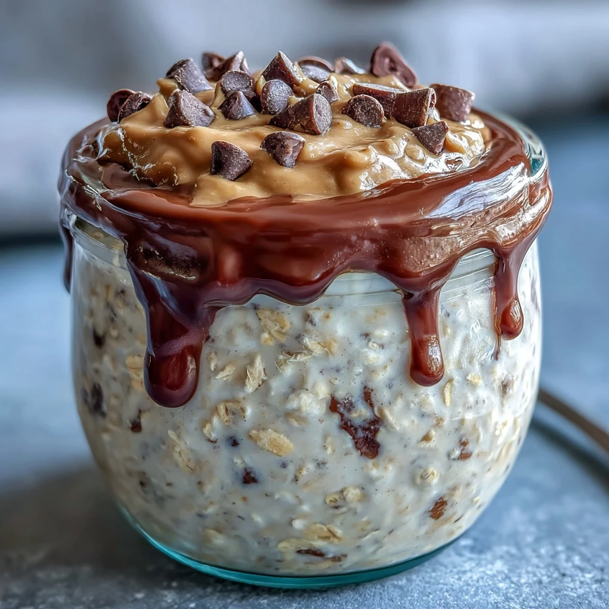 A jar of creamy overnight oats layered with peanut butter and mini chocolate chips, perfect for a quick and healthy breakfast.