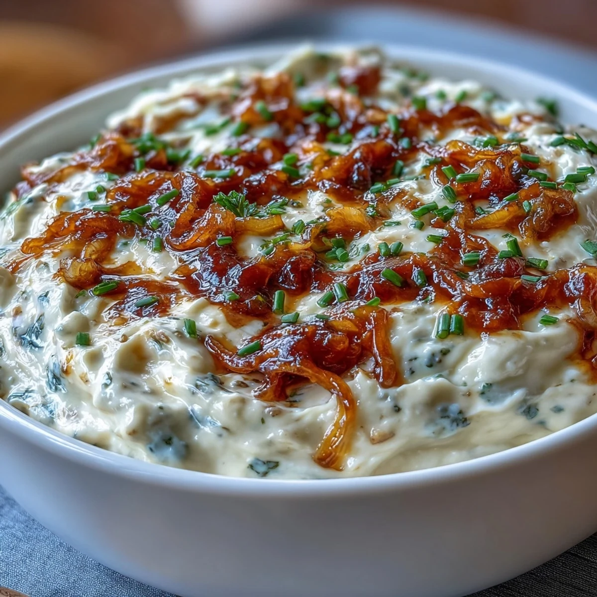 Creamy caramelized onion dip with sour cream and chives, perfect for scooping with crispy potato chips and fresh vegetables.