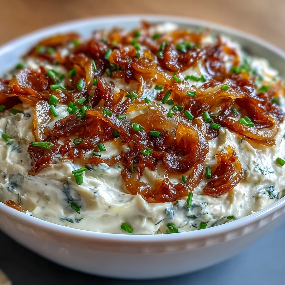 Velvety caramelized onion dip featuring sour cream and chives, ideal for parties, game days, or casual snacking with crackers.