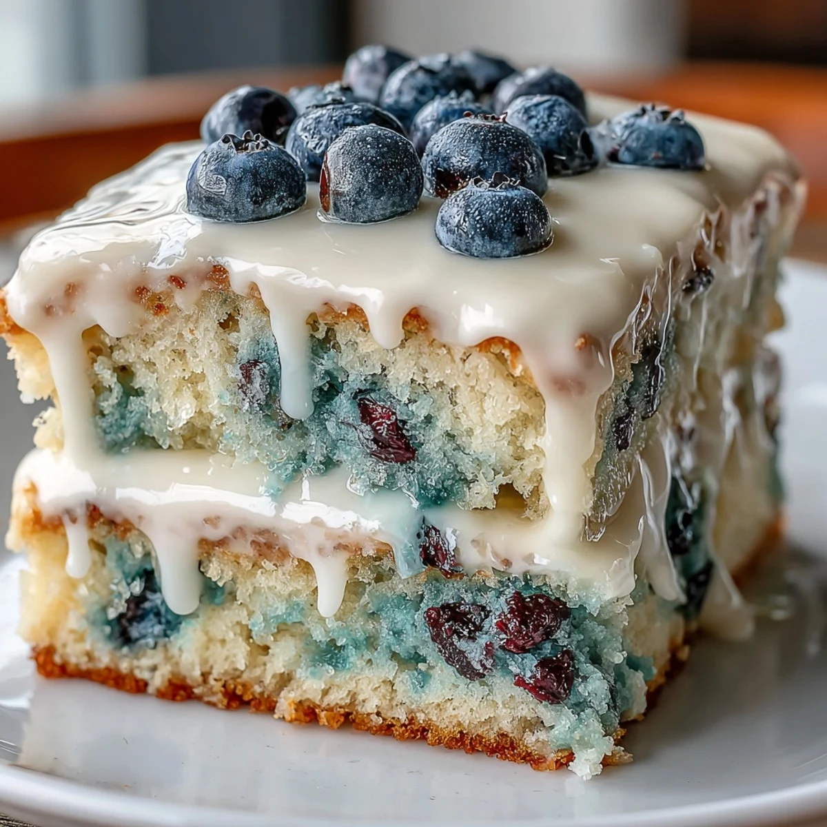 Fluffy sheet cake dotted with juicy blueberries and bright lemon zest, drizzled with tangy icing for a refreshing dessert.  