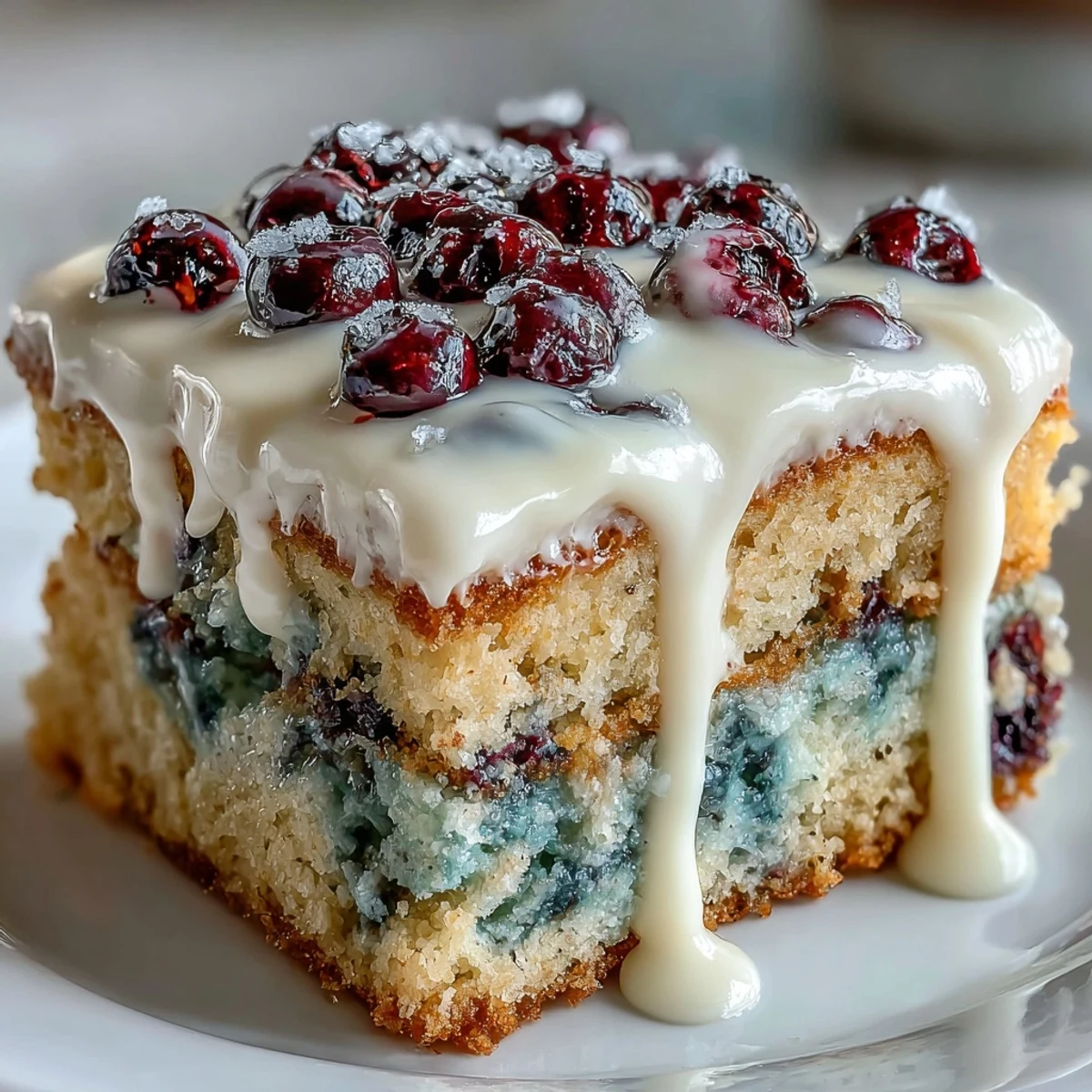 A vibrant sheet cake bursting with fresh blueberries and zesty lemon flavor, finished with a delicate, sweet icing drizzle.
