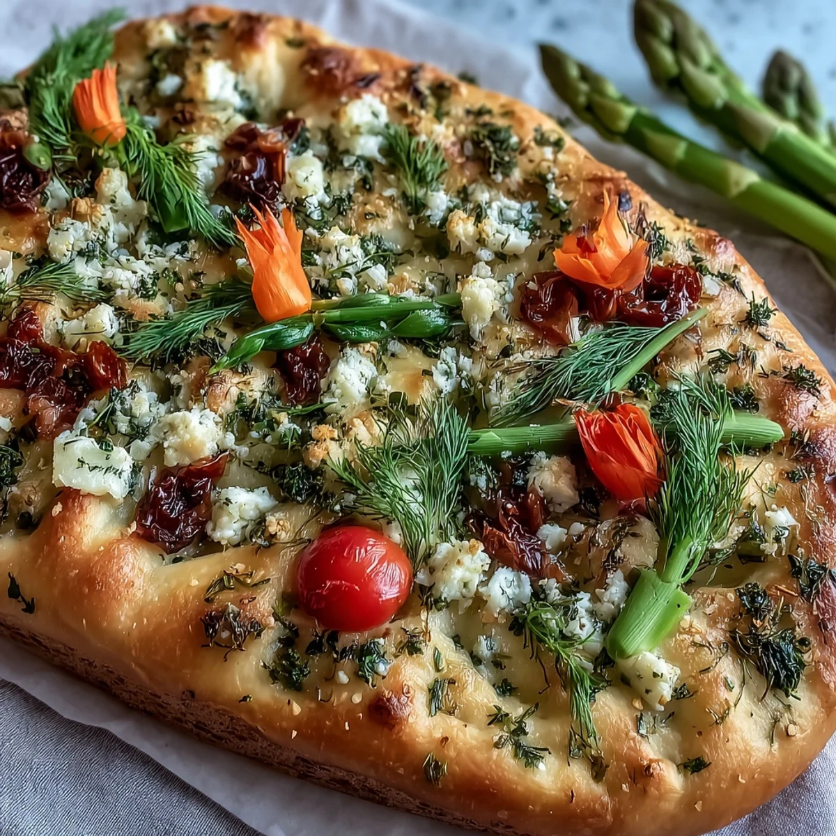 A golden focaccia bread topped with fresh herbs and colorful flower-shaped vegetables, perfect for baby showers and spring gatherings.  