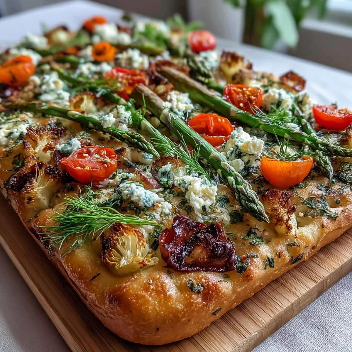 Savory herb focaccia featuring edible flower art made from cherry tomatoes, carrot ribbons, and asparagus spears, ideal for festive occasions.