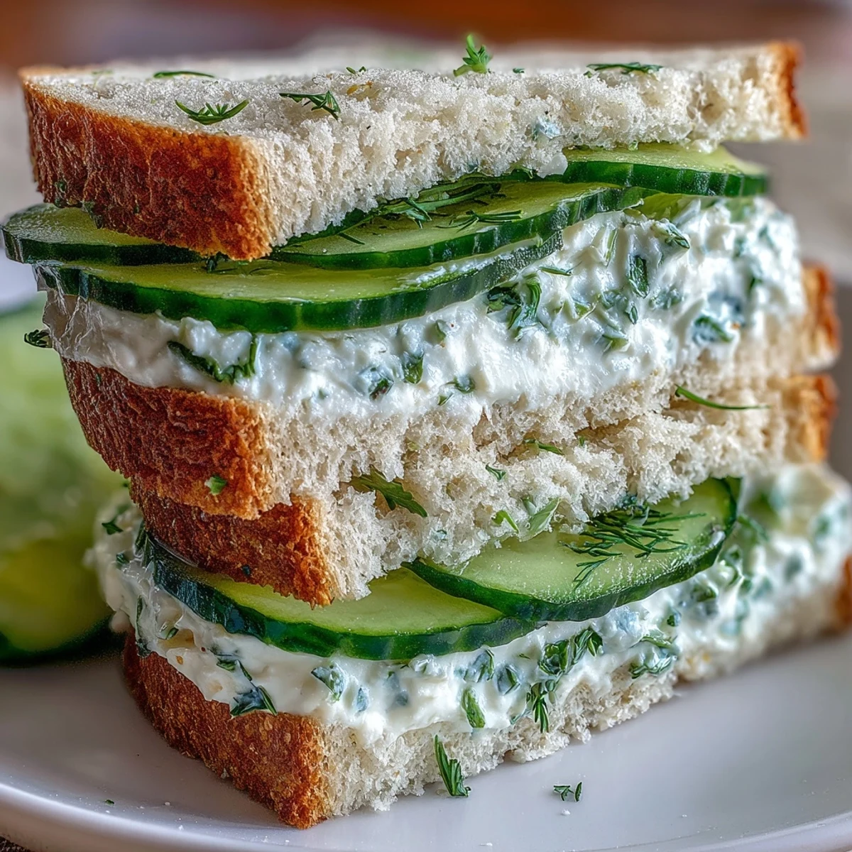 Delicate cucumber tea sandwiches with herbed cream cheese, perfect for elegant afternoon tea parties and light lunches.