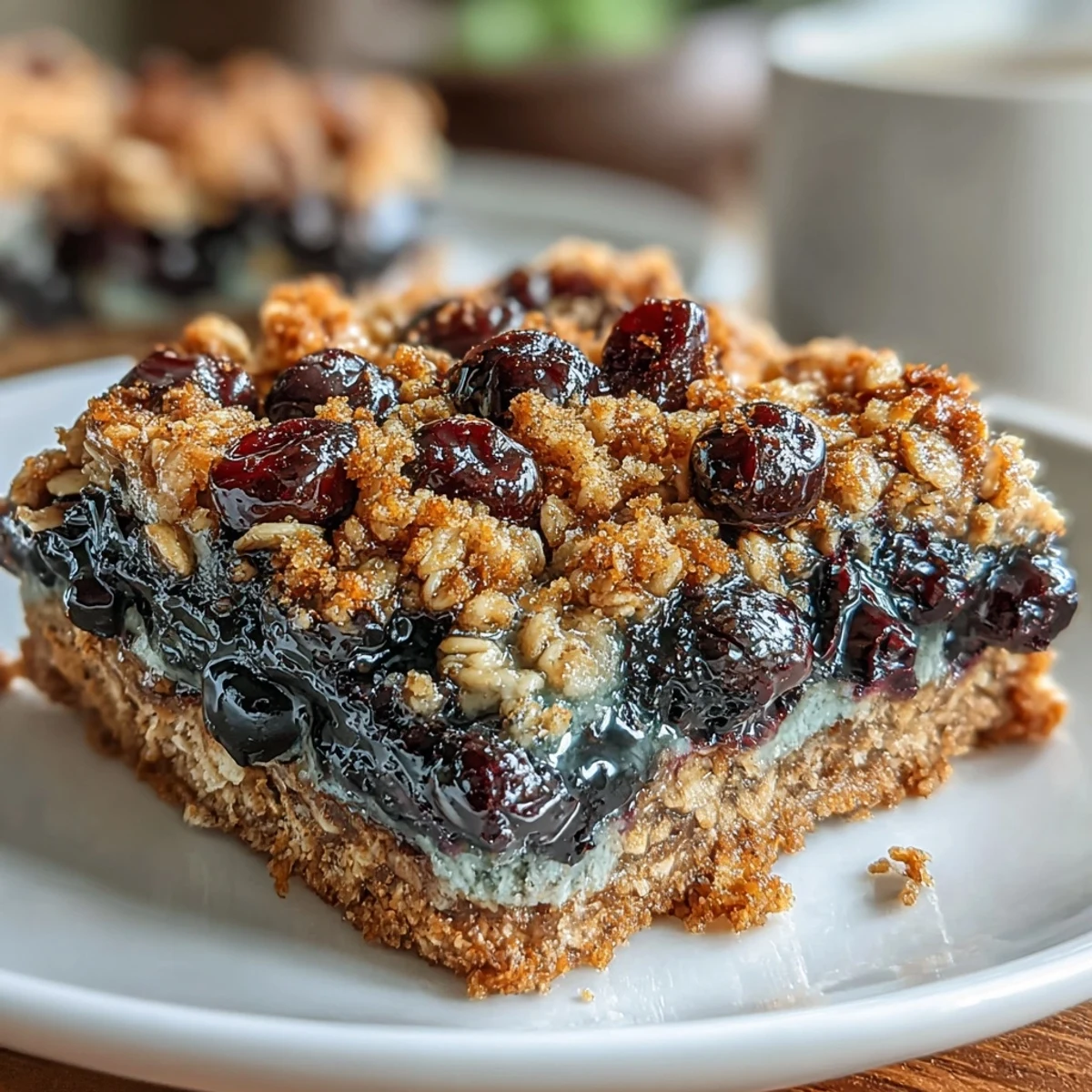 Golden baked blueberry oat breakfast bars topped with a crumbly oat layer, ideal for a wholesome morning treat.