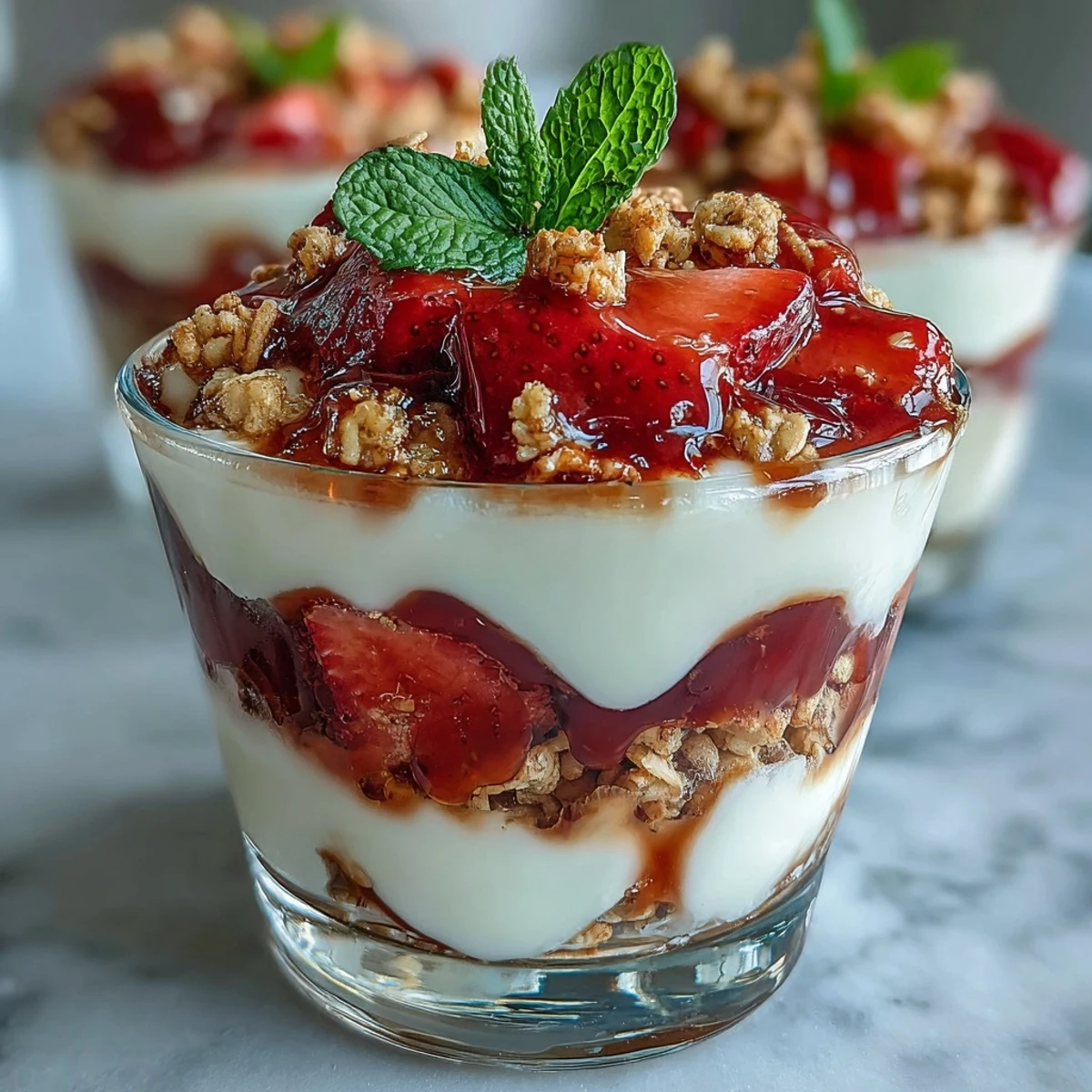 Layered strawberry yogurt parfaits in shot glasses with fresh berries, creamy Greek yogurt, and crunchy granola for a delightful bite-sized dessert.  