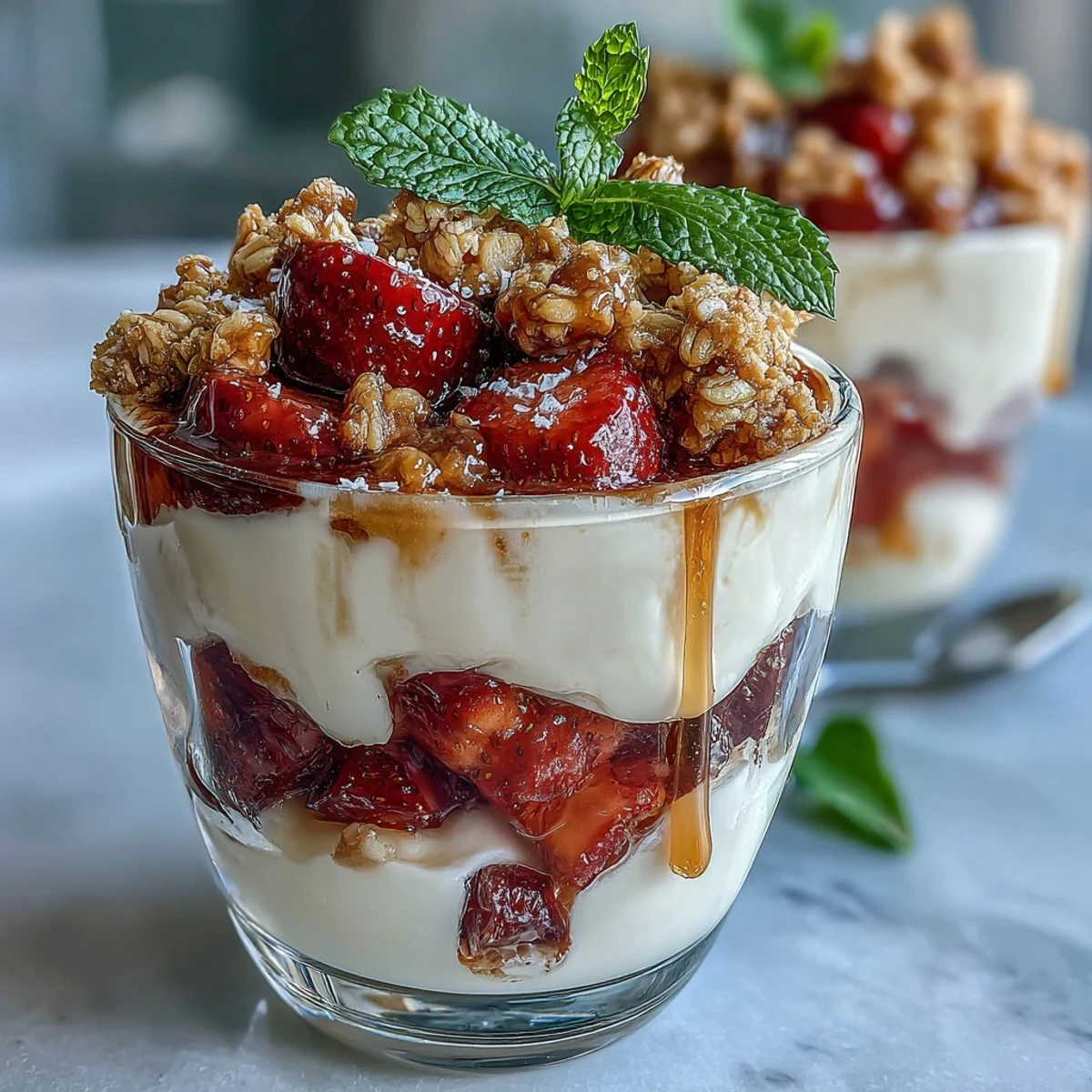 Colorful strawberry and yogurt parfaits in shot glasses, layered with fresh fruit, creamy yogurt, and crunchy granola for a tasty treat.