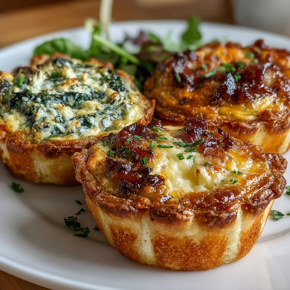 A trio of bite-sized mini quiches with spinach, mushroom, and ham fillings, perfect for spring brunches and elegant appetizers.  