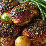 Aromatic Garlic Herb Roasted Chicken Thighs sizzle; perfect easy weeknight family dinner.