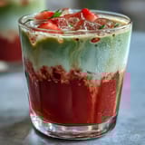 Iced strawberry matcha latte with vanilla sweet cream, layered in glasses with vibrant red puree, green matcha, and creamy white topping over ice.