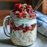 Protein-packed overnight oats with vanilla Greek yogurt, diced strawberries, and crunchy sliced almonds.  