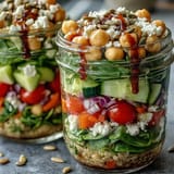 Healthy summer meal prep mason jar salads with chickpeas, cherry tomatoes, and crisp cucumbers ready for the week.  