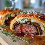 Golden puff pastry-wrapped beef medallions with rich mushroom duxelles and prosciutto, baked until crisp and golden brown.
