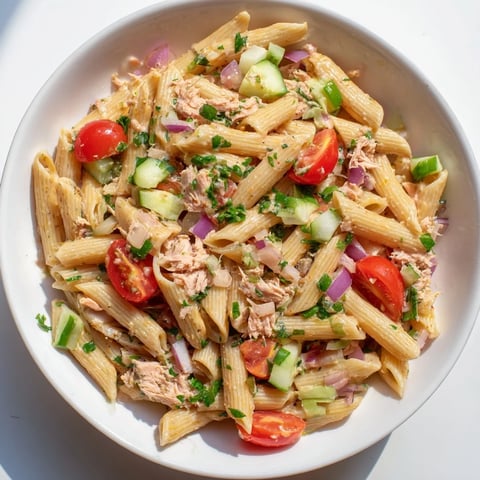 Flaky tuna and creamy beans mingle in this vibrant Spicy Tuna and White Bean Pasta Salad.