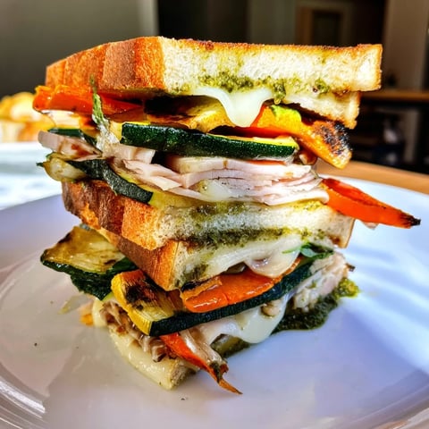 Golden-brown Pesto Turkey Zucchini Grilled Cheese Stacks, oozing with melted cheese and fresh pesto flavor.