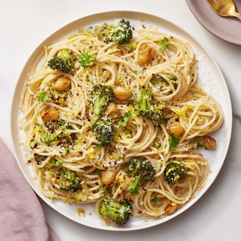 Roasted Garlic Lemon Broccoli Angel Hair Pasta: a bright, delicious pasta topped with roasted broccoli and Parmesan.