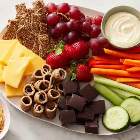 Vibrant Fox & Friends Snack Tray overflowing with fresh veggies, cheese, fruits and colorful dips.