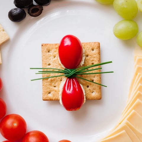 Graduation Cap Platter: A festive appetizer with a cheese wheel base, cracker top, and colorful veggie garnishes.