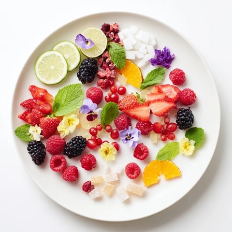 Vibrant Champagne bar garnishes feature fresh berries, citrus, and herbs for celebratory drinks.