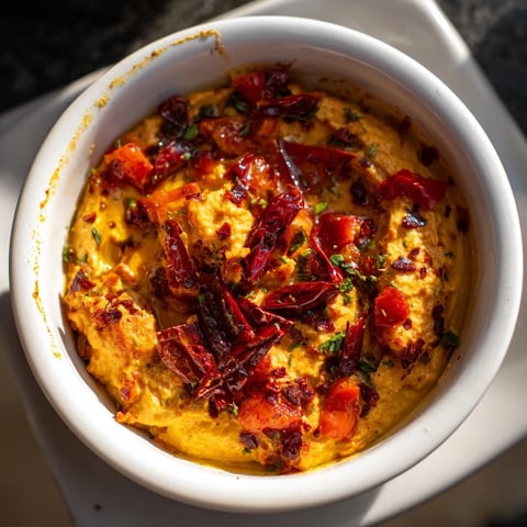 A vibrant photo of Volcanic Lava Spicy Dip; it’s a fiery dip with red hues and creamy texture.