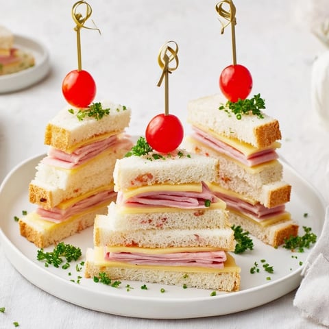 Festive Mini Sandwiches: Ham and cheese Christmas tree towers on a holiday platter ready to serve.