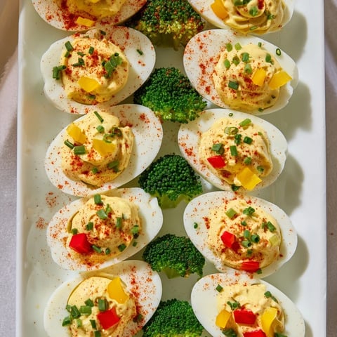 A vibrant Christmas Tree Deviled Eggs platter, decorated with red bell pepper "ornaments" and green onion tips.