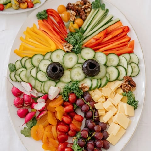 A colorful The Masquerade Mask appetizer platter with vibrant vegetables and cheeses, perfect for parties.