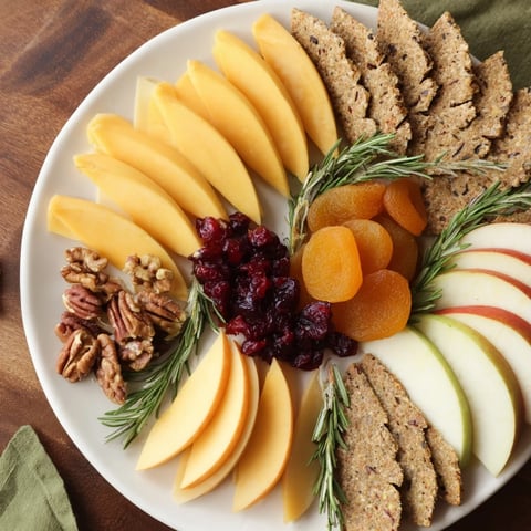 Thanksgiving Leaf Fall appetizer spilling across a wooden board, showcasing colorful dried fruits and cheeses.