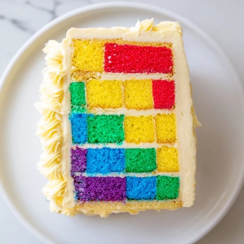 The Cozy Quilt Patchwork Cake, a colorful dessert with invitingly layered, frosted squares.