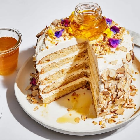 Golden, layered The Honey-Drip dessert with a central honey pot, ready to drizzle.