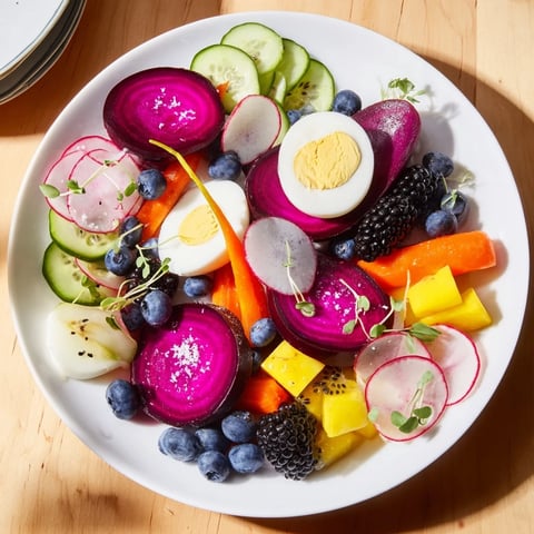 A vibrant platter of The Neon Night appetizers, showcasing colorful pickles, eggs, and fruit.