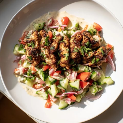 Golden-brown chicken shawarma salad with creamy tahini dressing, a Middle Eastern delight.