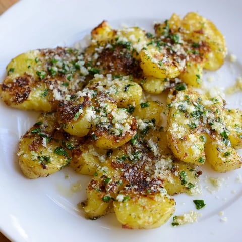 Golden-brown Parmesan smashed potatoes with crispy edges, garlic, and fresh herbs, ready to serve.