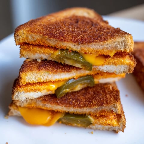 Golden-brown Spicy Crispy Tofu Grilled Cheese with melted vegan cheese, perfect comfort food.