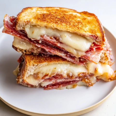 Golden, melty layers of a Charcuterie Grilled Cheese, oozing cheese and savory meats.
