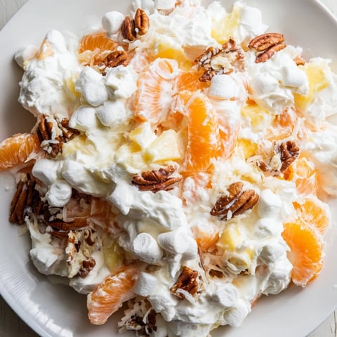 Fluffy Elevated Ambrosia Salad, with mandarin oranges in a creamy whipped cream base, ready to eat.