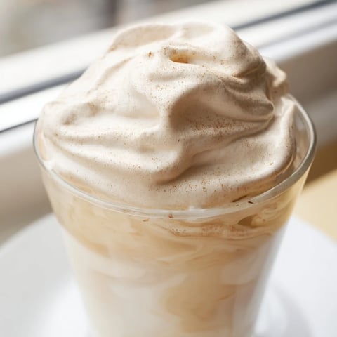 Fluffy whipped Dalgona coffee rests atop chilled milk, a sweet and striking beverage perfect for any time.