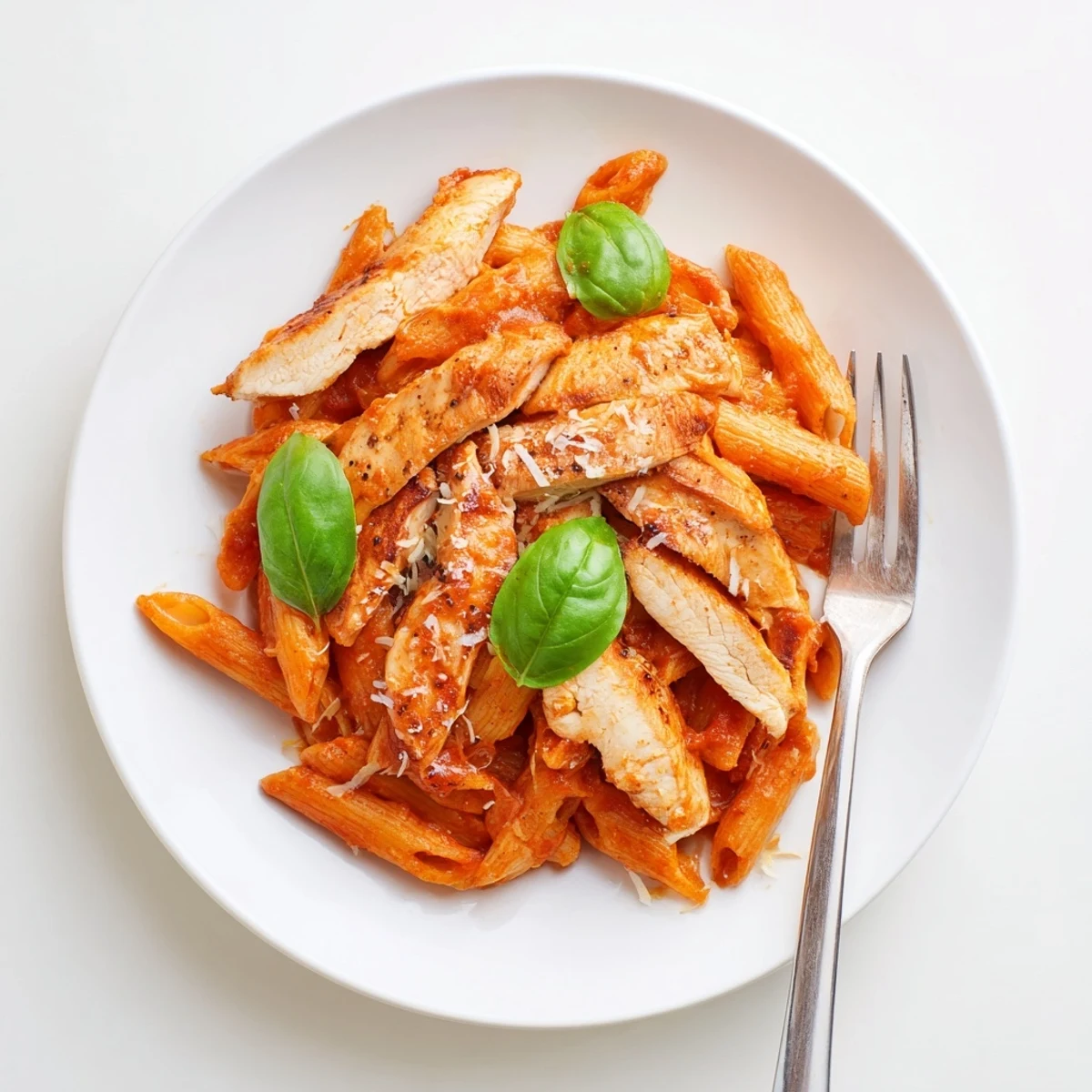 Golden-brown seared chicken strips and penne pasta coated in a vibrant, zesty chili-infused tomato sauce, garnished with fresh basil and Parmesan.