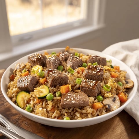 Golden-brown cubes of tender steak glisten alongside vibrant zucchini, carrots, and green onions in this Easy Hibachi Steak With Fried Rice, served steaming hot in a skillet.  