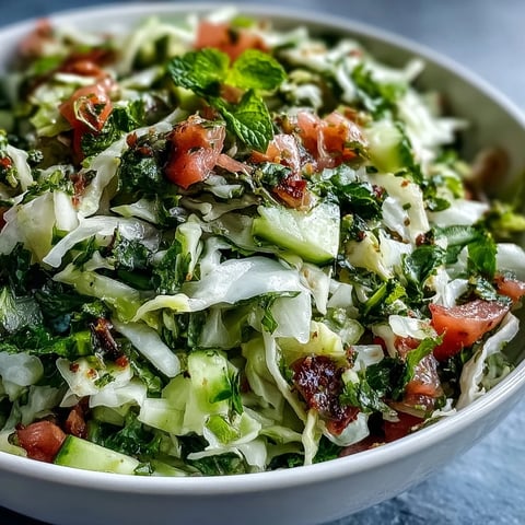 Bright green shredded cabbage mixed with diced tomato and cucumber in a white bowl, topped with fresh parsley and mint for this Lebanese Cabbage Salad.
