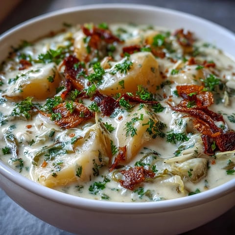 Creamy Potato Soup with Cabbage ladled into a white bowl, garnished with fresh parsley and served beside rustic bread.